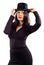 Young beautiful woman in black tophat