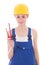 Young beautiful woman builder in blue coveralls with screwdriver