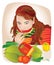 Young beautiful woman eating fruits and vegetables