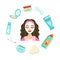 Young Beautiful Woman with Facial Skincare Cosmetic Mask, Different Cosmetics Flying Around her Flat Vector Illustration