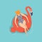 Young beautiful woman floating on inflatable ring in the shape of flamingo in swimming pool, top view vector