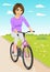 Young beautiful woman having fun riding bicycle on a dirt road in countryside