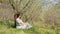 Young beautiful woman in long dress sitting under blooming plum tree