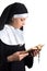 Young beautiful woman nun with bible and rosary isolated on whit