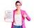 Young beautiful woman with pink hair holding clipboard with contract document doing happy thumbs up gesture with hand