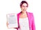 Young beautiful woman with pink hair holding clipboard with contract document winking looking at the camera with sexy expression,