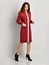 Young beautiful woman posing in new dark red fashion winter dress coat on high hills full body