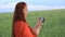 Young beautiful woman in red dress with red hair. watch your photos on your phone and stands in a green wheat field in