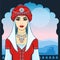 The young beautiful woman in a red turban and silver jewelry.