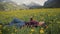 Young beautiful woman is relaxing in flower field and sniffing a dandelion. Side view