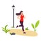 Young beautiful woman running in city park. Girl jogging. Park, plants and street lamp. Vector illustration in modern flat style f