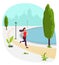 Young beautiful woman running in city park. Girl jogging. Park, plants, trees and street lamp. Vector illustration in modern flat