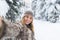 Young Beautiful Woman Smile Camera Taking Selfie Photo In Winter Snow Forest Girl Outdoors