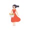 Young beautiful woman standing with basket with healthy food, girl doing shopping at the grocery shop vector