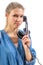 Young beautiful woman talking on vintage landline phone. Isolation on a white background