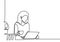 Young beautiful woman using laptop. Line drawing of girl with laptop and drinking a coffee continuous one hand drawn single line