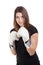 Young beautiful woman with white boxing gloves