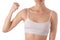 Young beautiful woman in white t-shirt top bra hand strength health sport