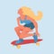 Young beautyful girl with golden hair on red skateboard. The skateboarder does a trick. Flat vector illustration.