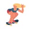Young beautyful girl on skateboard. Cool chick does a trick with squat shes hand is raised up. Flat vector illustration.