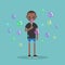 Young black character blowing soap bubbles / flat editable vector illustration, clip art