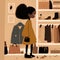 A young black girl carefully browsing through a variety of fashionable clothing items at a boutique.. AI generation