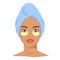Young black woman with eye patches and towel on head. Skincare procedures at home. Cosmetic eye pads. Vector