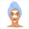 Young black woman with t-zone strips and towel on head. Skincare procedures at home. Cosmetic patches for nose, forehead