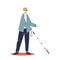 Young blind man in sunglasses move with walking stick. Male with disability and eyesight disease