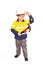 Young blond caucasian boy role playing as a construction worker in a yellow and blue hi-viz shirt, boots, white hard hat