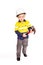 Young blond caucasian boy role playing as a construction worker in a yellow and blue hi-viz shirt, boots, white hard hat