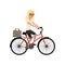 Young blond girl riding bicycle to work in briefcase. Cartoon character of business woman in glasses. Personal transport