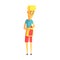 Young blond man standing with his backpack. Colorful cartoon character