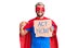 Young blond man wearing super hero costume holding act now cardboard banner pointing finger to one self smiling happy and proud