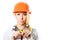 Young blond woman in constructor helmet holding spanner tool