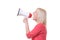 Young blond woman shouting into a megaphone