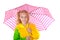 Young blonde girl under pink umbrella