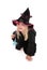 Young blonde girl in witches cloak and hat crouched on floor with wand. Isolated on white