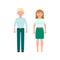 Young blonde hair man in mint pants and medium blonde hair woman in green skirt vector illustration. Front view standing character