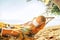 Young blonde longhaired woman relaxing in hammock hinged between palm trees on the sand beach