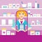 Young blonde pharmacy chemist girl standing in drugstore.