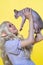 Young blonde woman cosplay elf in blue dress holds Sphinx kitten in hands high above her head