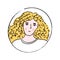 Young blonde woman with long curly hair in white tee. Doodle vector portrait of girl in round frame.