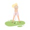 Young Blonde Woman Playing Golf, Girl Golfer Training with Golf Club on Course with Green Grass, Outdoor Sport or Hobby