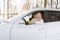 Young blonde woman sit in her new white car and smile happy. Insurance, safety