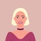 Young blonde woman is smiling. Avatar. Portrait. Human emotions. Happiness. Joy. Female. Flat