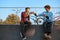 Young bmx bikers leisures on ramp in skatepark