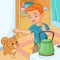 Young boy being wary of hot kettle. Vector illustration.