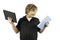 Young Boy with book and tablet pc