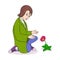 young boy bowed in front of a lonely flower, cartoon